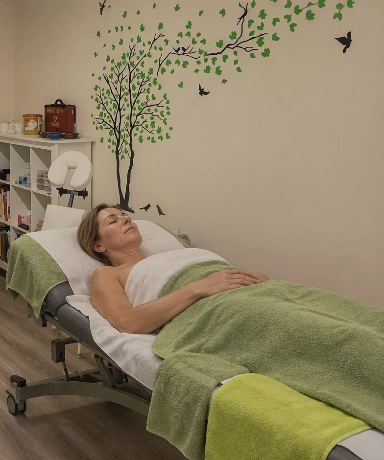 Illustration: a woman resting under warm towels on the treatment couch in the White Willow treatment room, beneath the painted tree