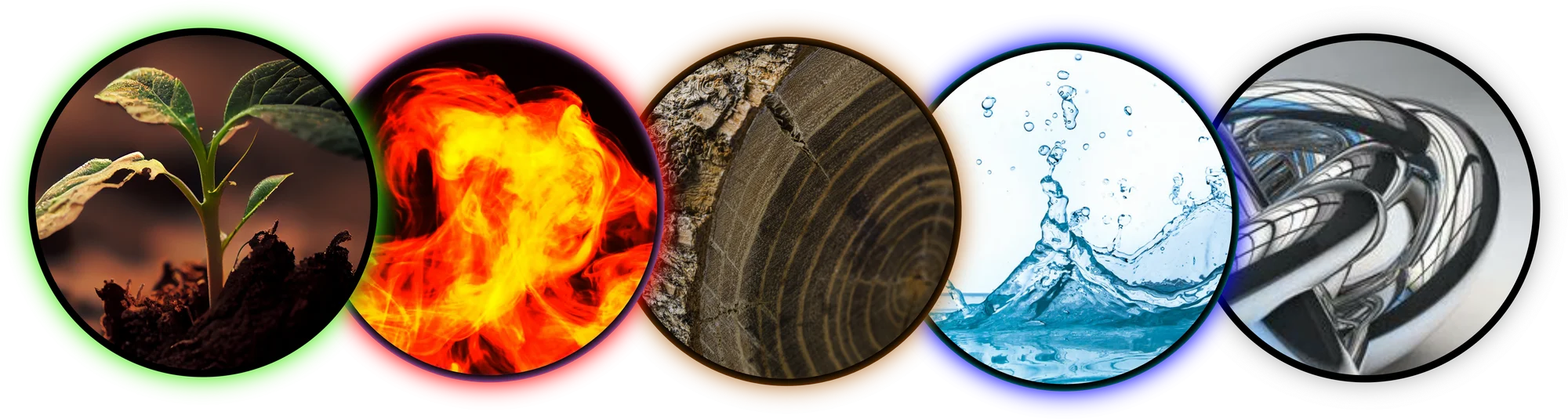 Five circles: a green sprout for Wood, red flames for Fire, wood grain for Earth, a blue splash for Water and polished silver for Metal