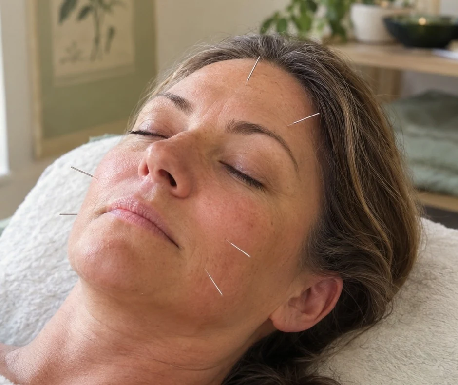 Illustration: a woman resting with eyes closed during facial acupuncture, with a few very fine needles in her forehead and cheeks
