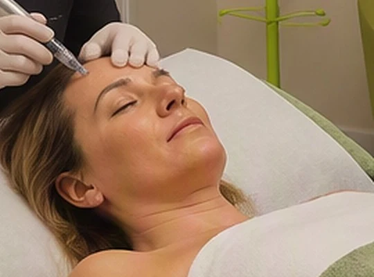 Illustration: gloved hands guiding a slim micro-needling pen across the forehead of a relaxed client on the treatment couch