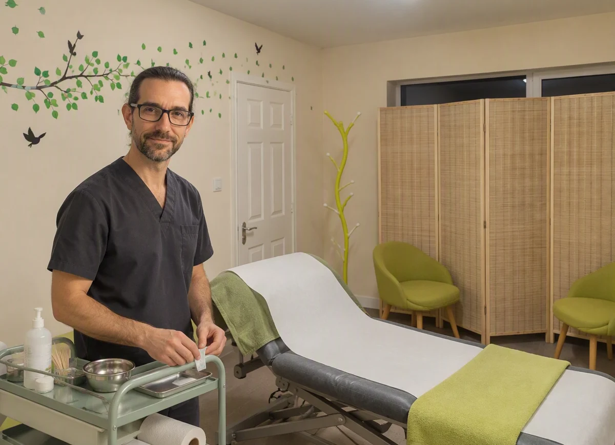 Nathan Keegan preparing for a treatment in the White Willow treatment room, beneath the painted tree
