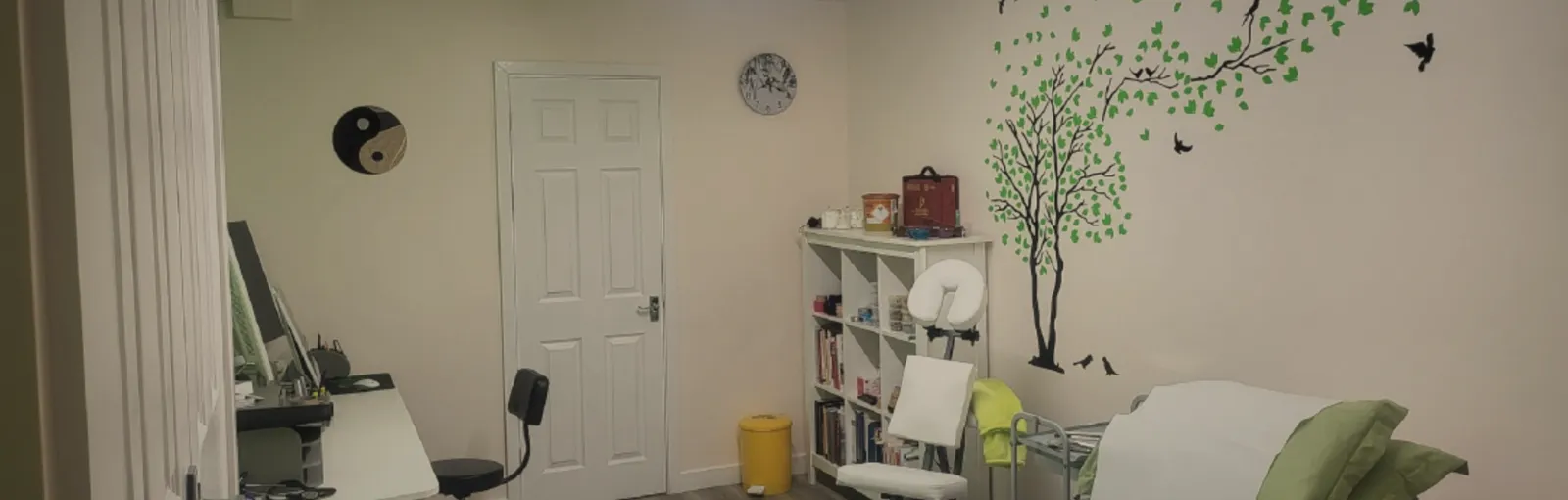 The treatment room with tree mural, bookshelves and treatment couch